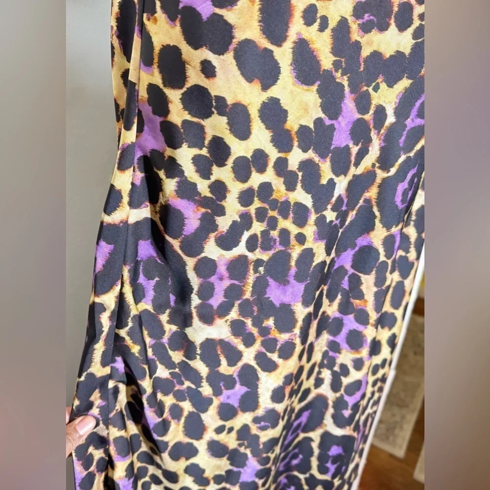 Zara Satin Effect Leopard Purple Slip Spaghetti Strap Midi Dress | Size S